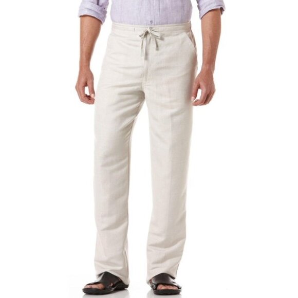 Cubavera Linen Blend Classic Fit Pants Zip Drawstring Back Elastic Pocket Beige - Picture 1 of 12